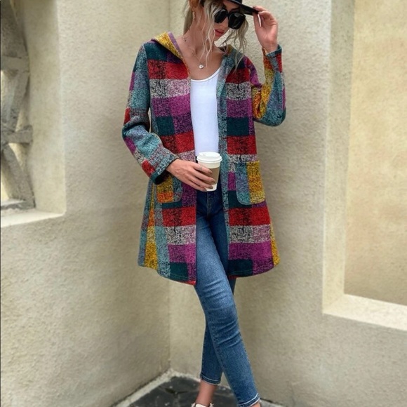 Cozy Boho Plaid Color Block Pocket Hoodie Hooded Coat Jacket Vibrant Colorful - Picture 5 of 8